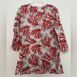 Barbara Gerwit White Red Blue Coral Pattern 3/4 Sleeve Tunic